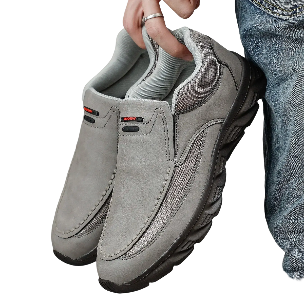 Men tan suede casual slip on shoes in gray suede and mesh with black rubber soles and snow logo on the side