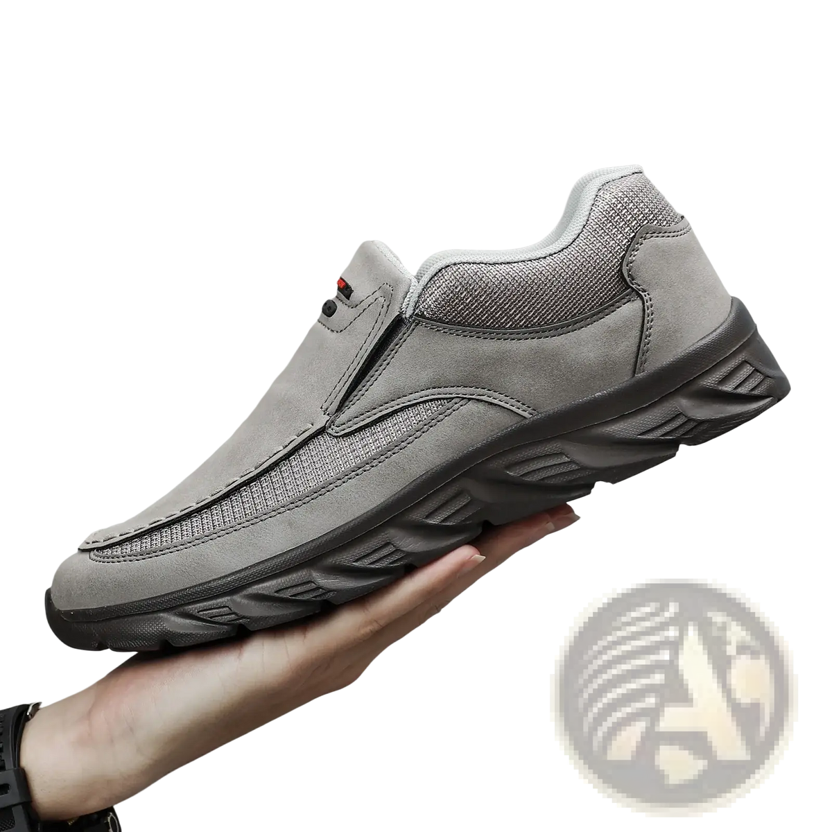 Men tan suede casual slip on shoe with gray suede and mesh upper and black rubber sole for everyday wear