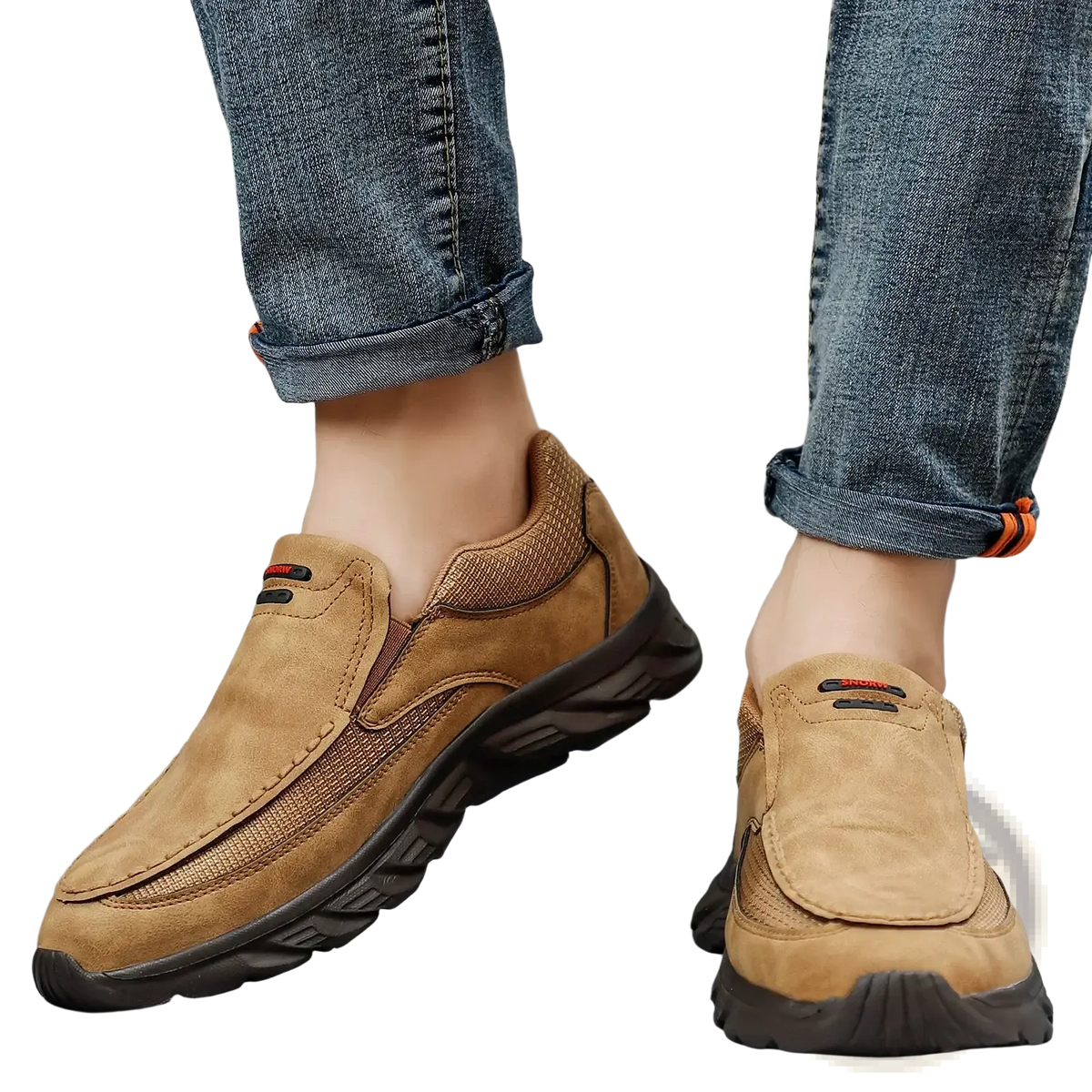 Men tan suede casual slip on shoes with mesh panels and rugged black rubber sole for everyday wear