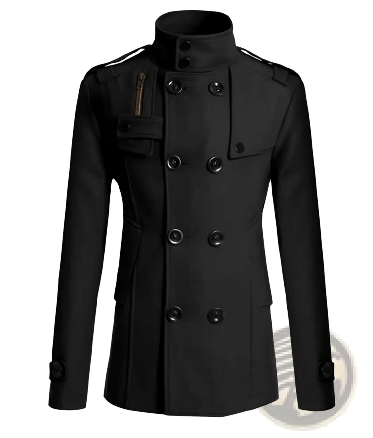 Black double breasted men’s coat with high collar dark buttons shoulder epaulets contrasting men tan wool trench coat