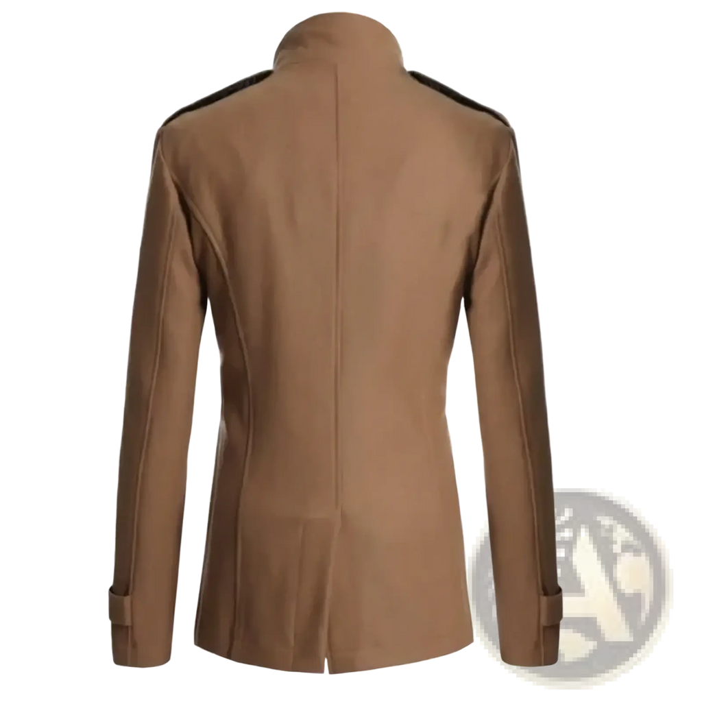 Men tan wool double breasted trench coat with black shoulder epaulets and buttoned cuffs shown from the back side