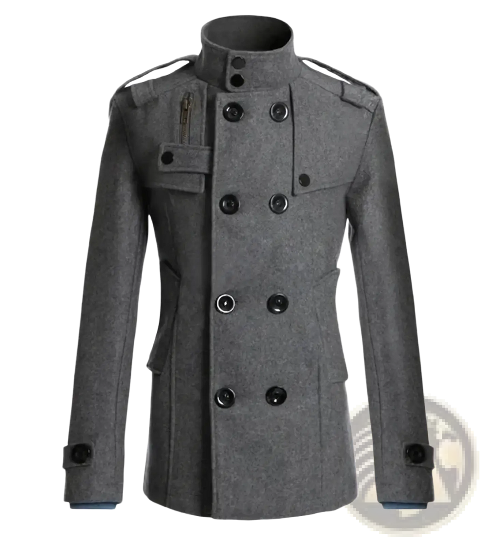 Men tan wool double-breasted trench coat featuring gray woolen fabric black buttons and shoulder straps visible from back side
