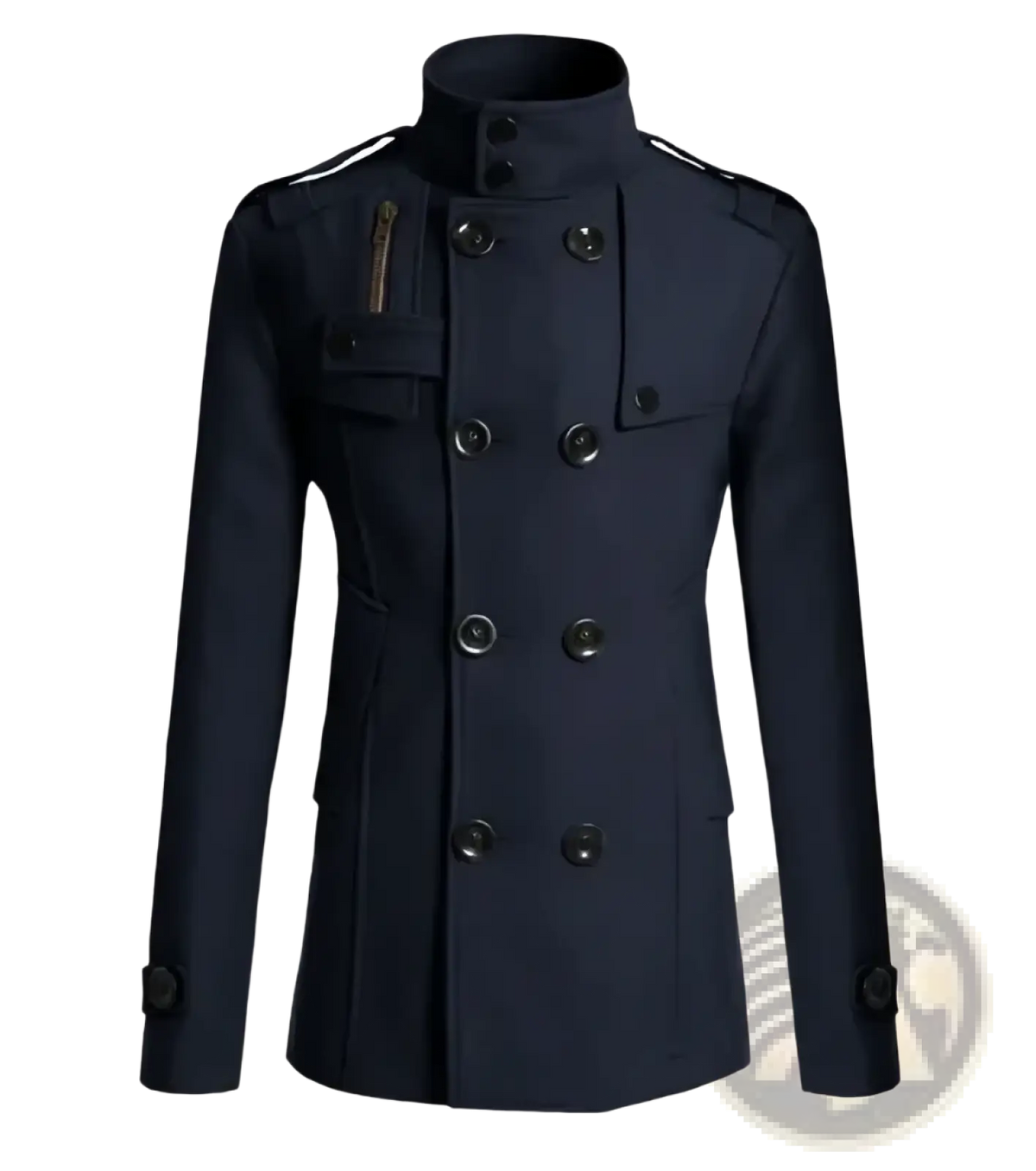 Men double breasted dark navy wool coat with black buttons and stand up collar for formal outerwear