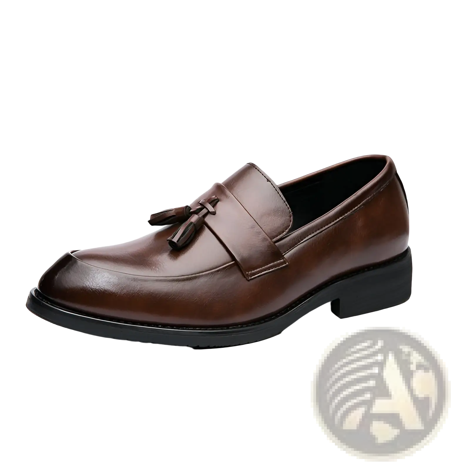 Men tassel loafers classic leather dress shoes in brown with polished finish and black rubber sole