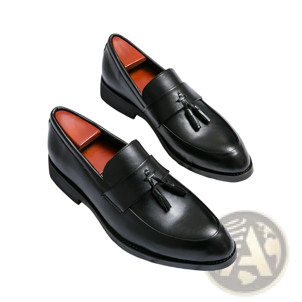 Men tassel loafers classic leather dress shoes in black with polished finish and contrasting orange interior lining