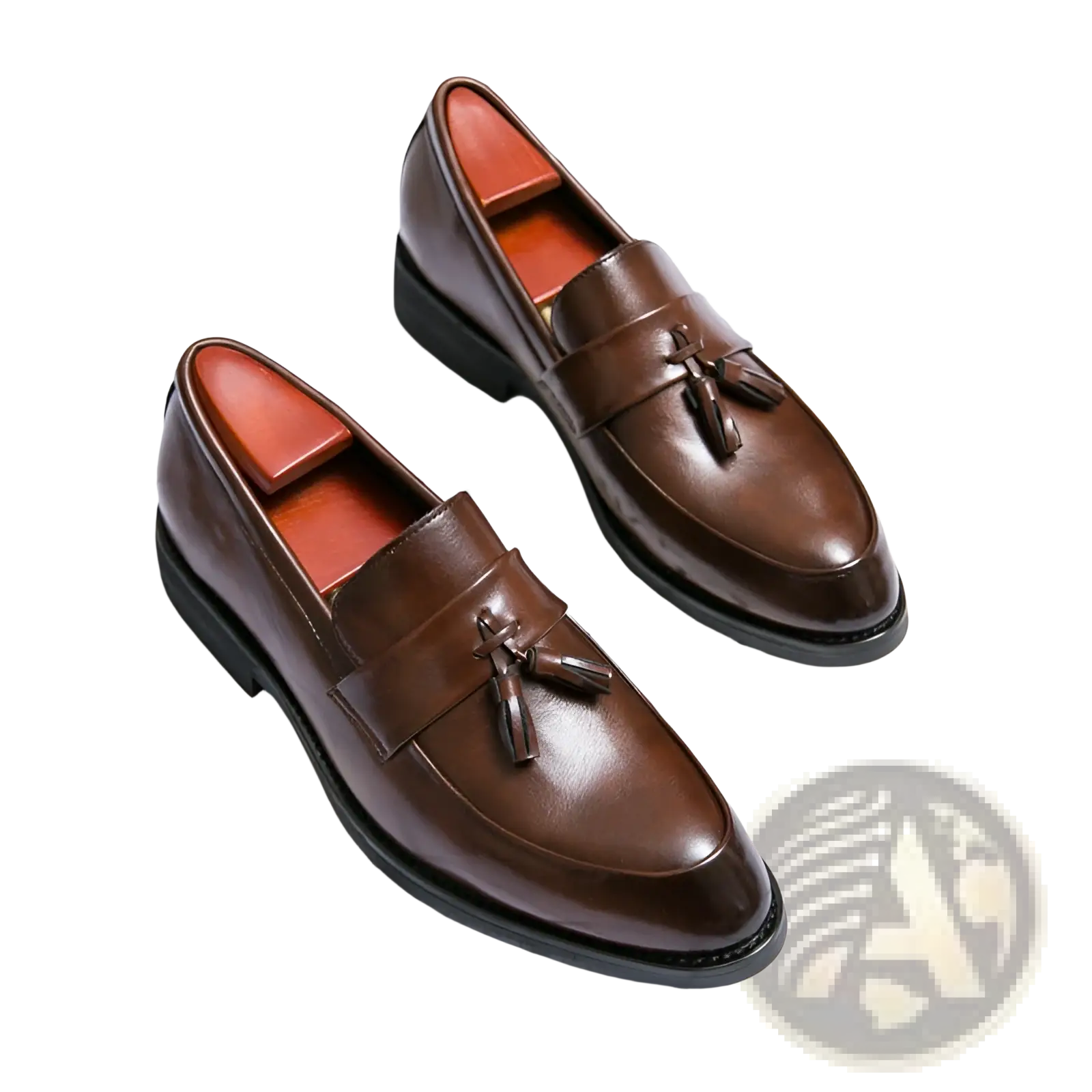 Men tassel loafers classic leather dress shoes in brown with polished finish and black soles for formal wear