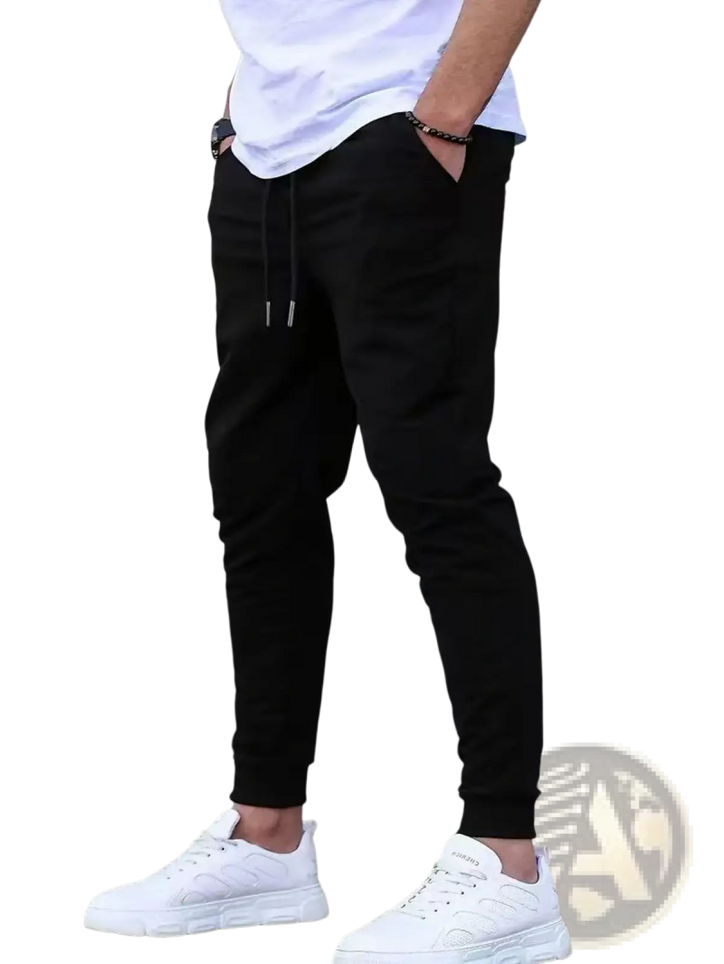 Men terry cloth jogger pants in black with drawstring waist tapered fit and ribbed cuffs for casual streetwear use