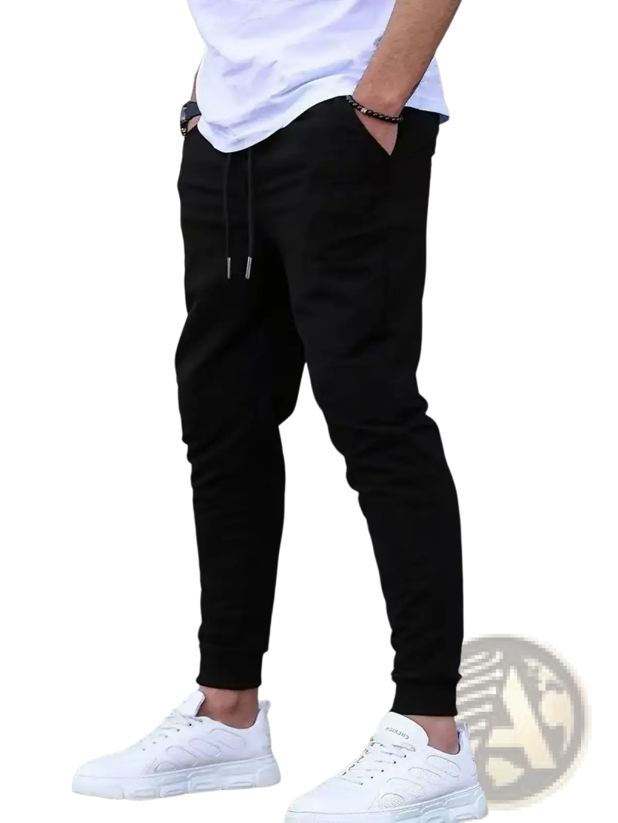 Men terry cloth jogger pants in black with drawstring waist tapered fit and ribbed cuffs for casual streetwear use