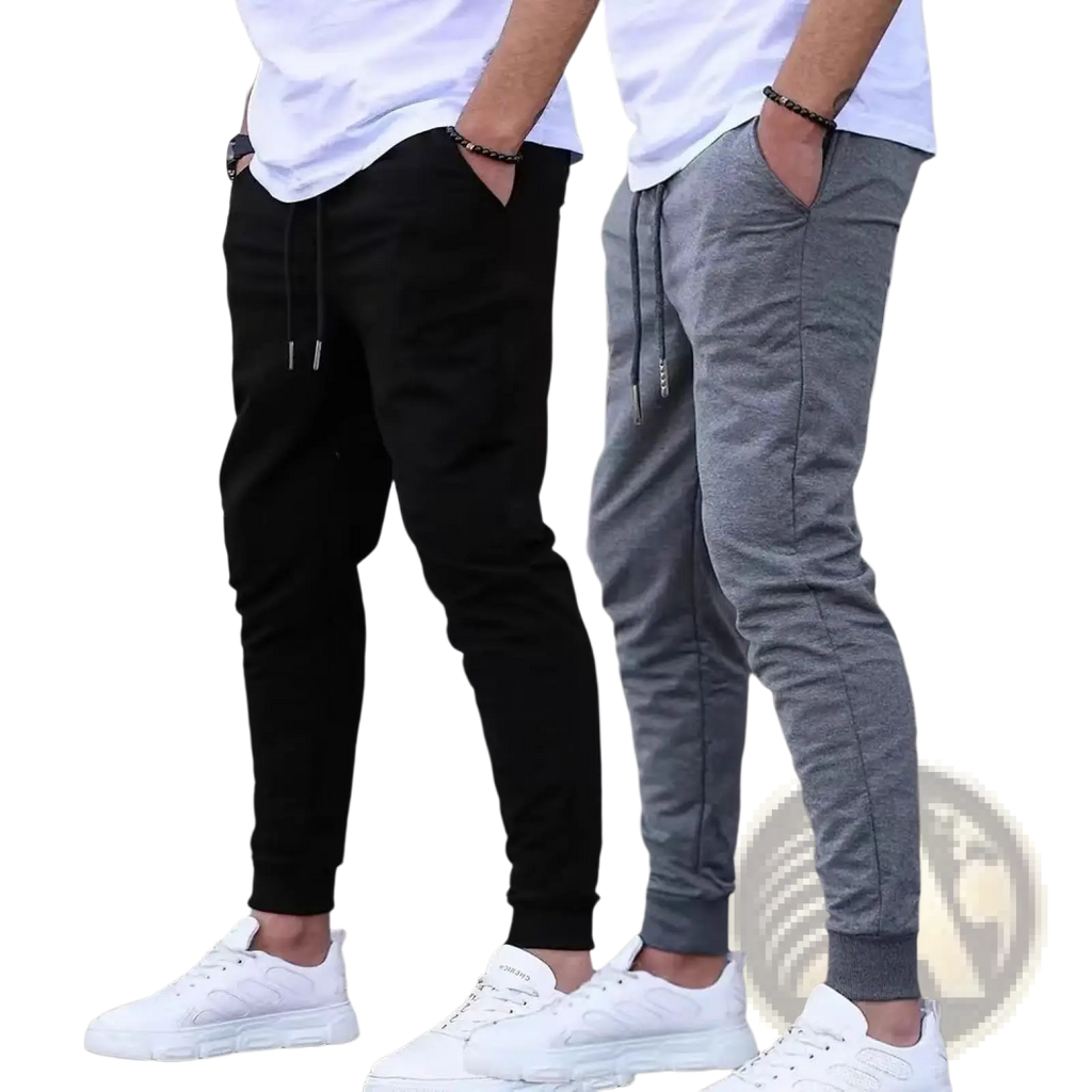 Men terry cloth jogger pants in black and gray with drawstring waistbands and elastic cuffs for casual streetwear