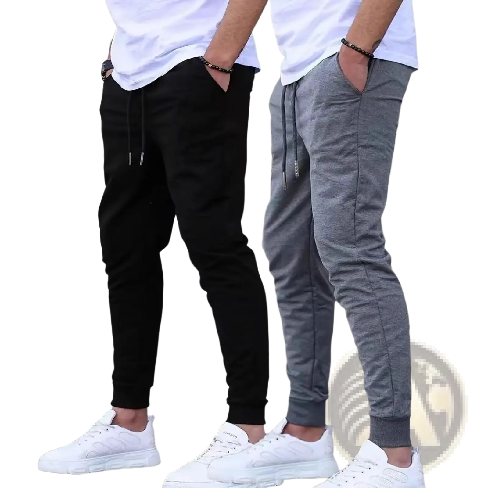 Men terry cloth jogger pants in black and gray with drawstring waistbands and elastic cuffs for casual streetwear