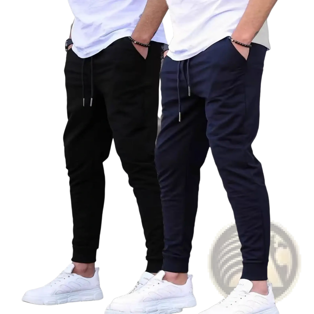 Men terry cloth jogger pants in black and navy blue with drawstring waist and elastic cuffs for casual streetwear