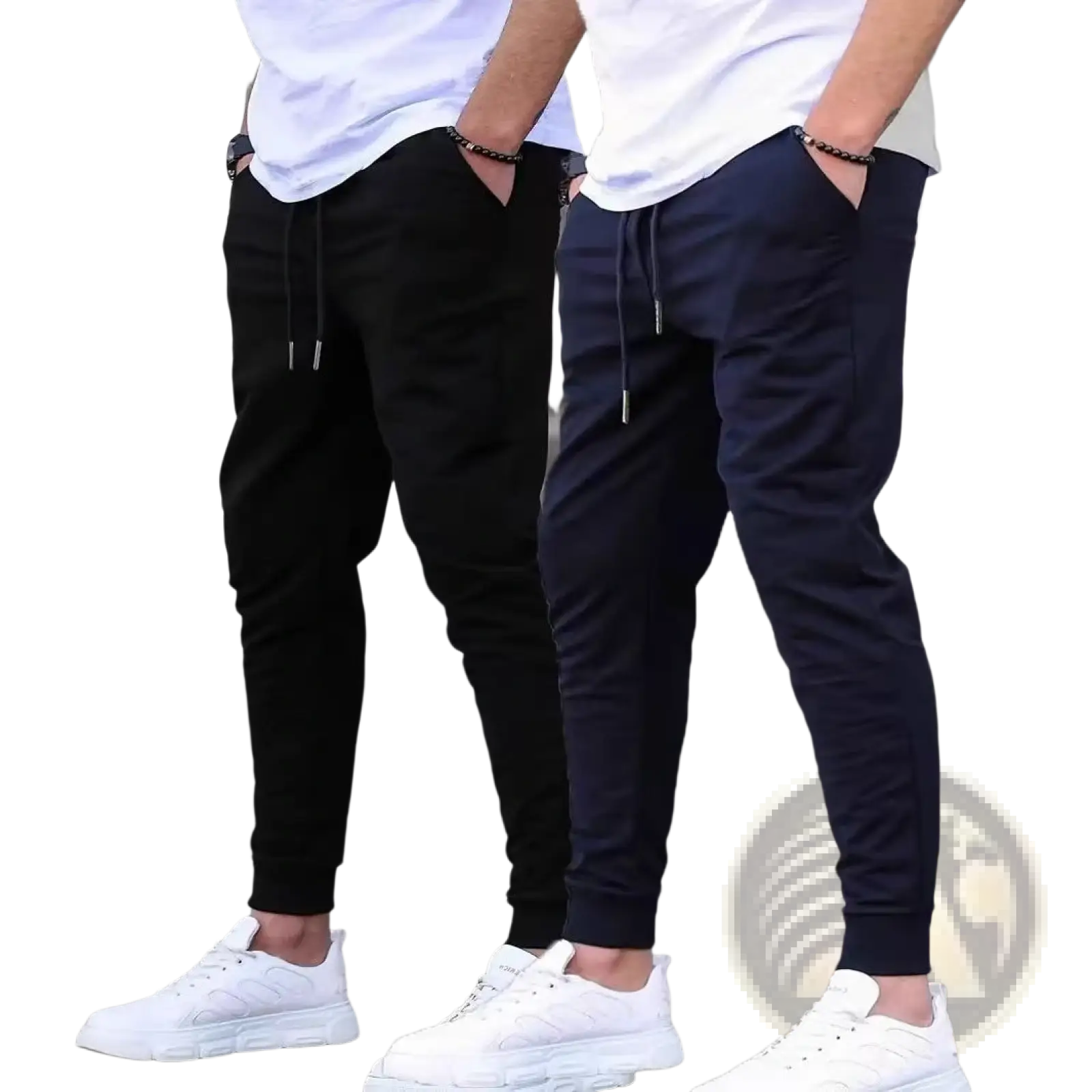 Men terry cloth jogger pants in black and navy blue with drawstring waist and elastic cuffs for casual streetwear