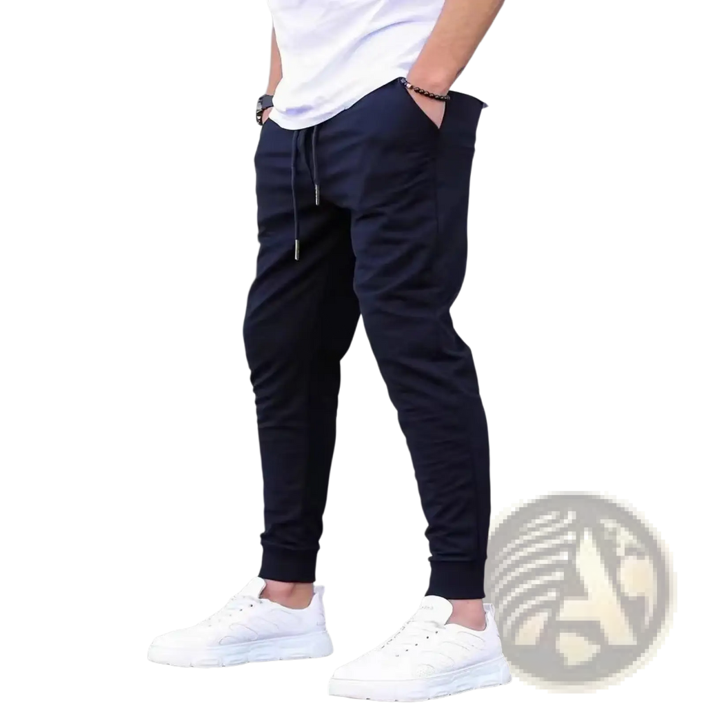 Men terry cloth jogger pants in navy blue with drawstring waist elastic cuffs and side pockets for casual streetwear