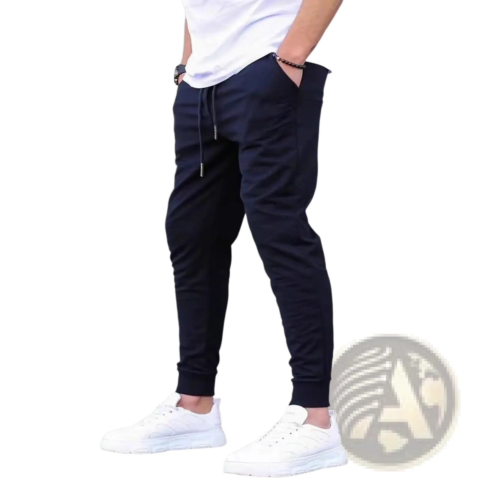 Men terry cloth jogger pants in navy blue with drawstring waist elastic cuffs and side pockets for casual streetwear