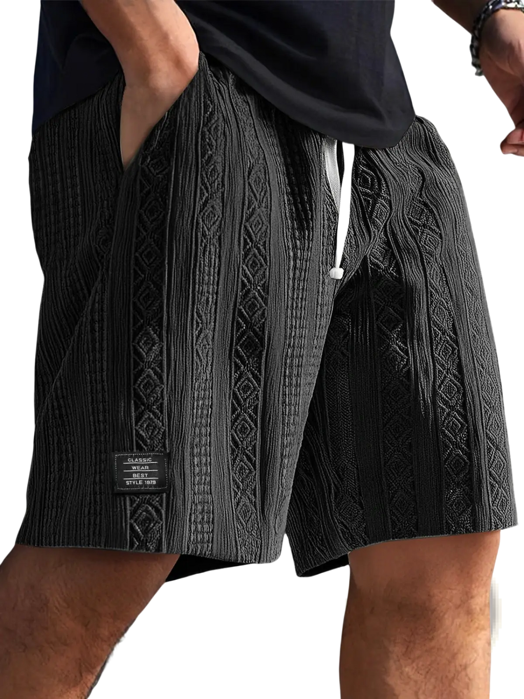 Men textured casual shorts in black with a woven pattern and white drawstrings for everyday wear