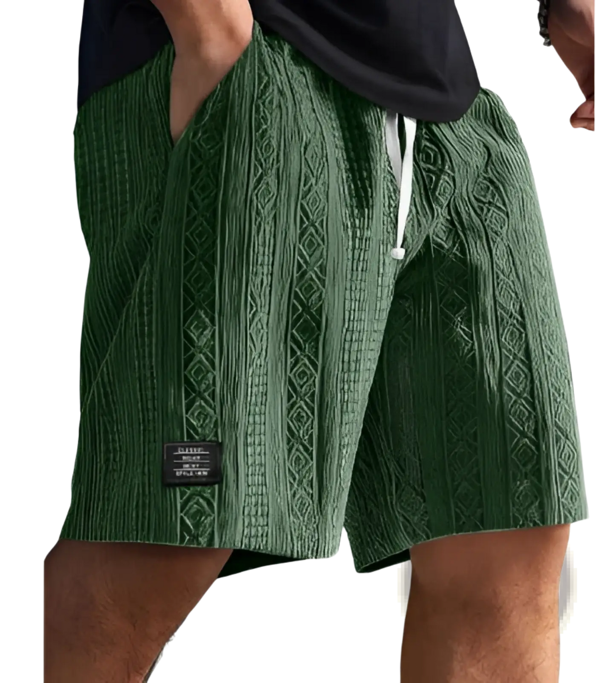 Men textured casual shorts in green with diamond pattern and white drawstring for comfortable wear