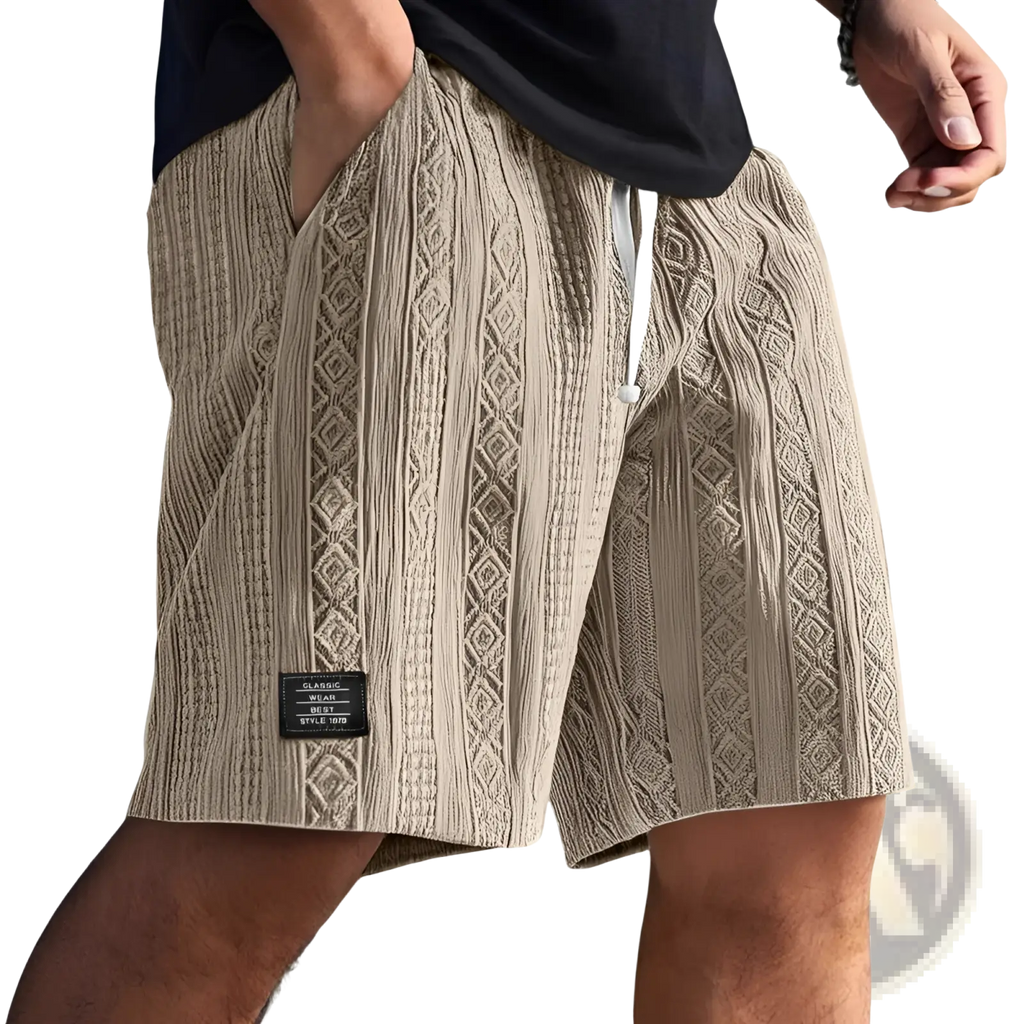 Men textured casual shorts in beige with a cable knit pattern and white drawstring waistband for casual wear