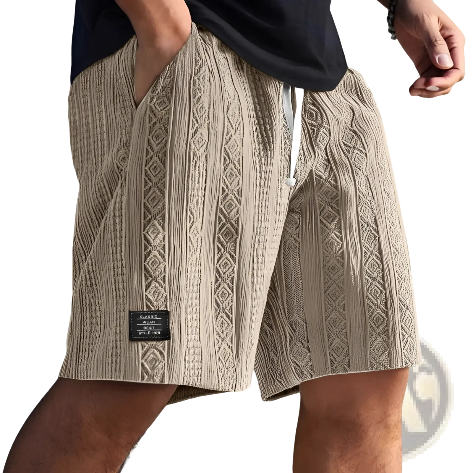 Men textured casual shorts in beige with a cable knit pattern and white drawstring waistband for casual wear