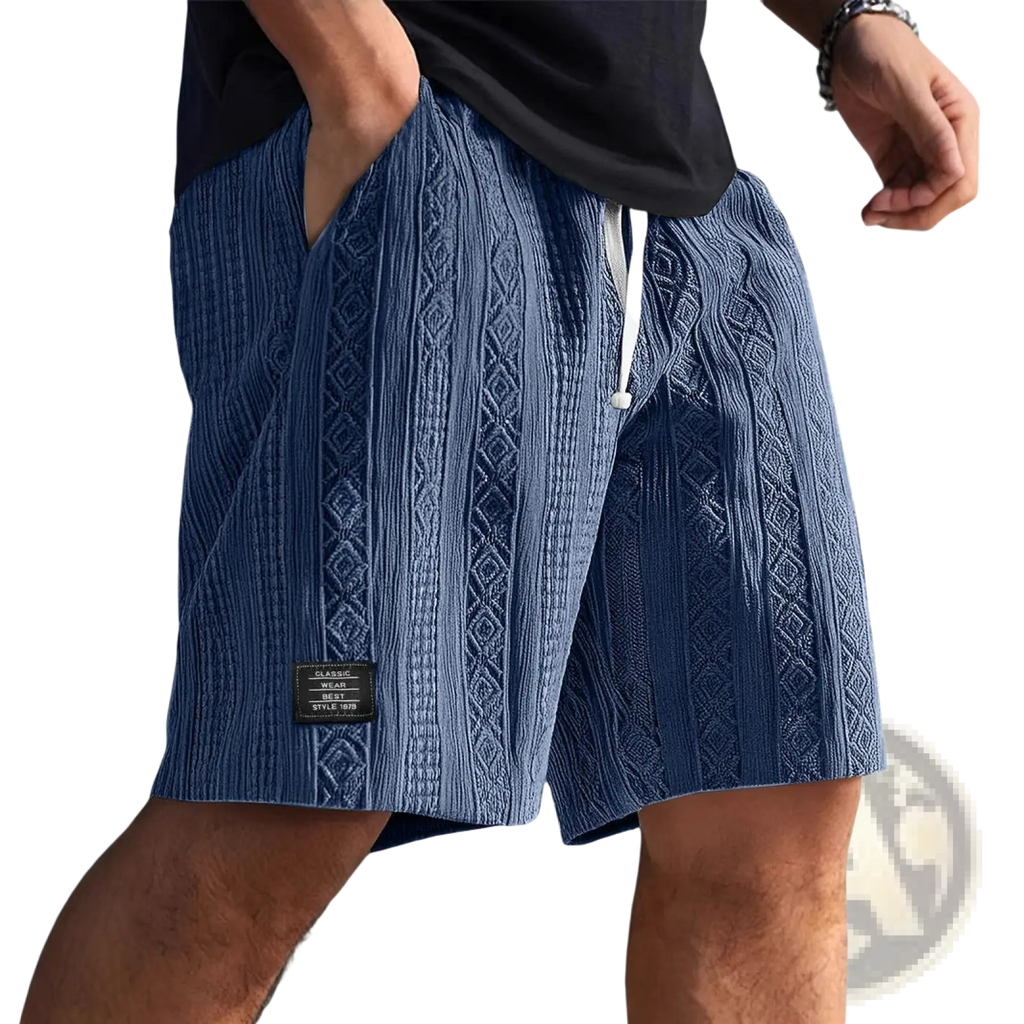 Men textured casual shorts in blue with a cable-knit pattern and white drawstring for casual wear