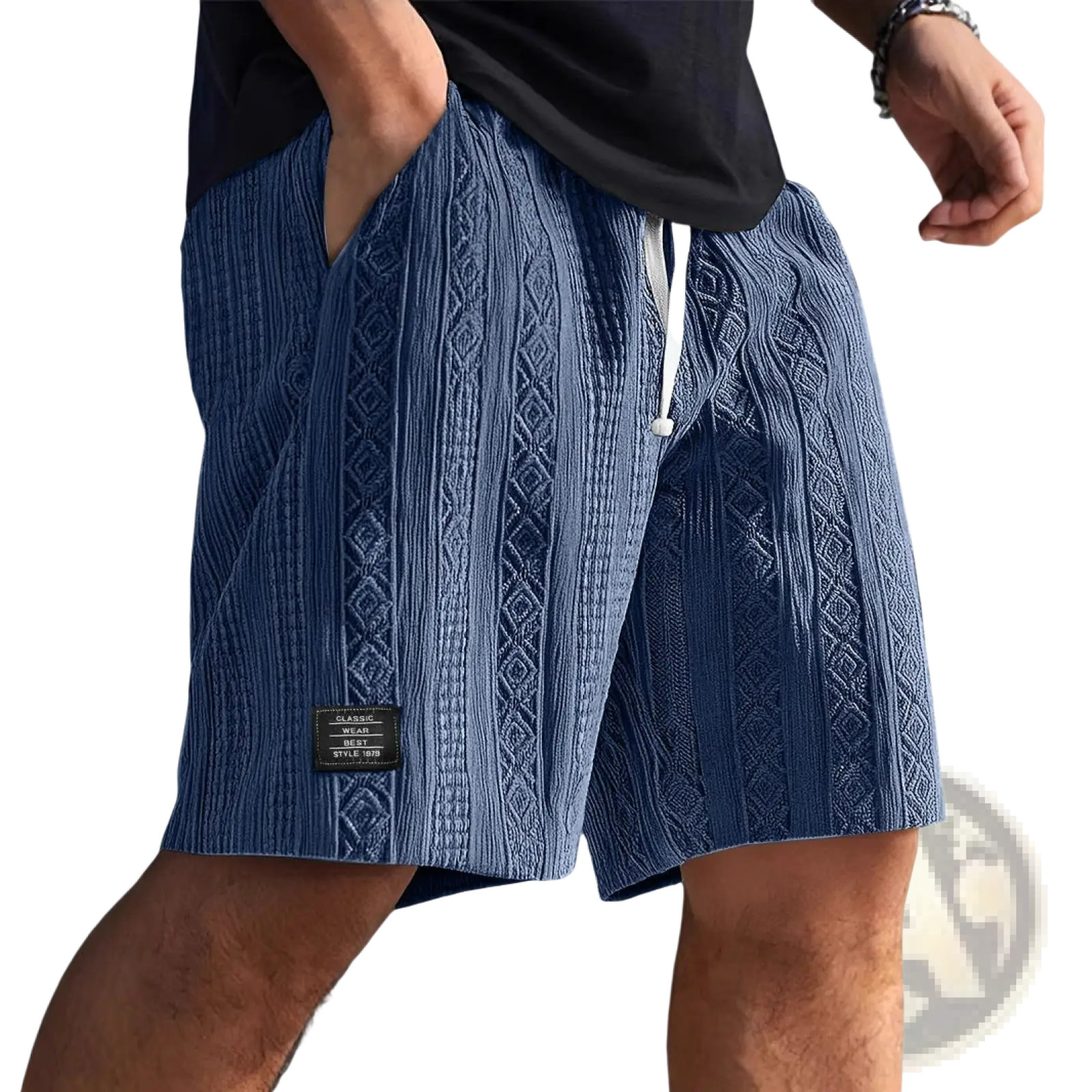 Men textured casual shorts in blue with a cable-knit pattern and white drawstring for casual wear