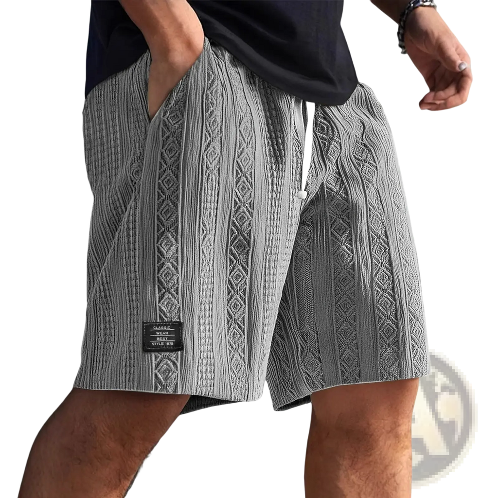 Men textured casual shorts in gray with a cable knit pattern and white drawstrings for a comfortable casual look