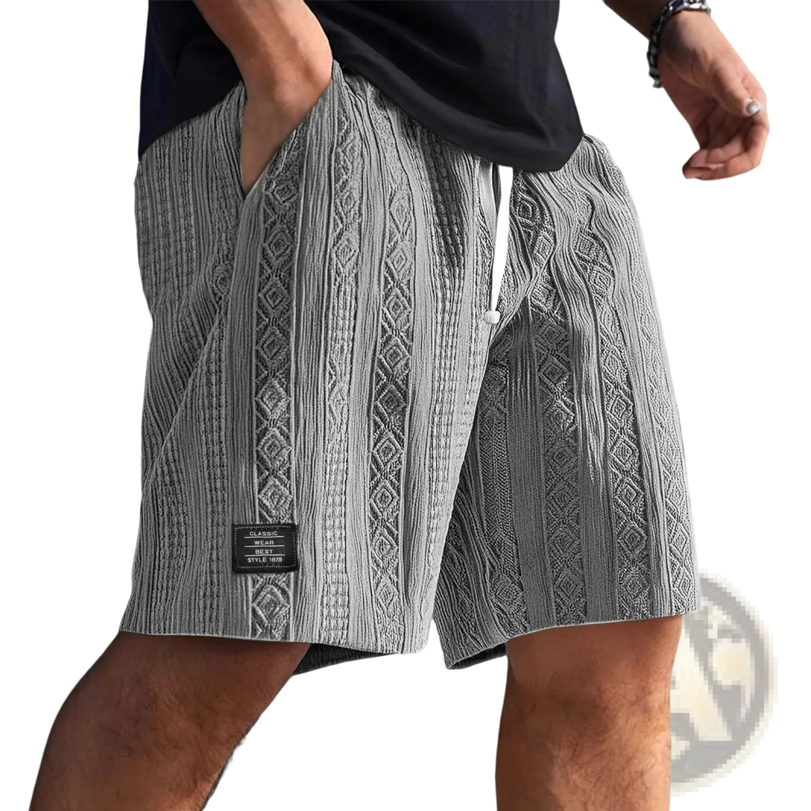 Men textured casual shorts in gray with a cable knit pattern and white drawstrings for a comfortable casual look