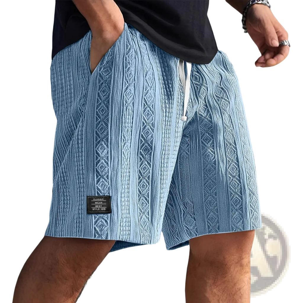 Men textured casual shorts in light blue knitted fabric with a cable-knit pattern and white drawstring waistband