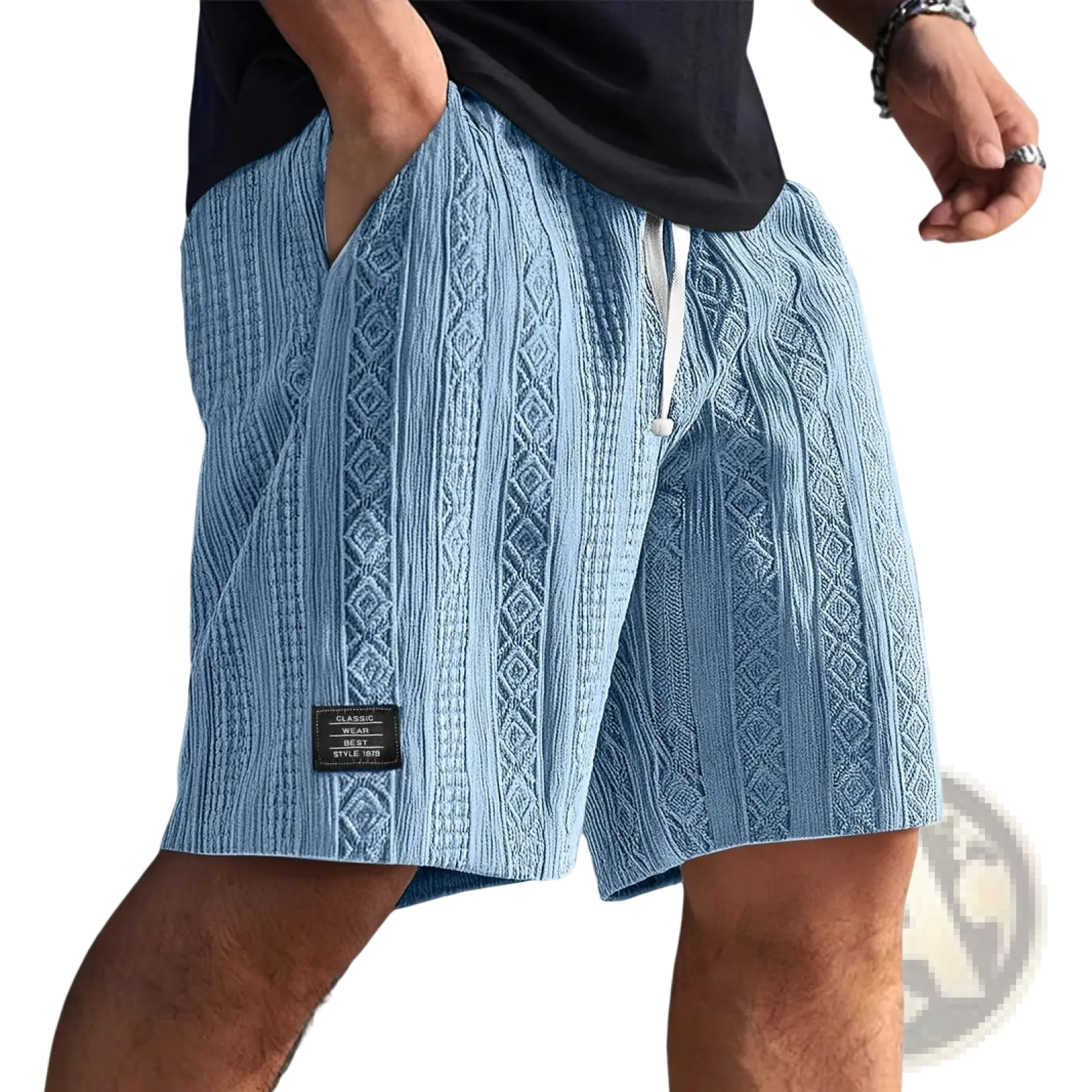 Men textured casual shorts in light blue knitted fabric with a cable-knit pattern and white drawstring waistband