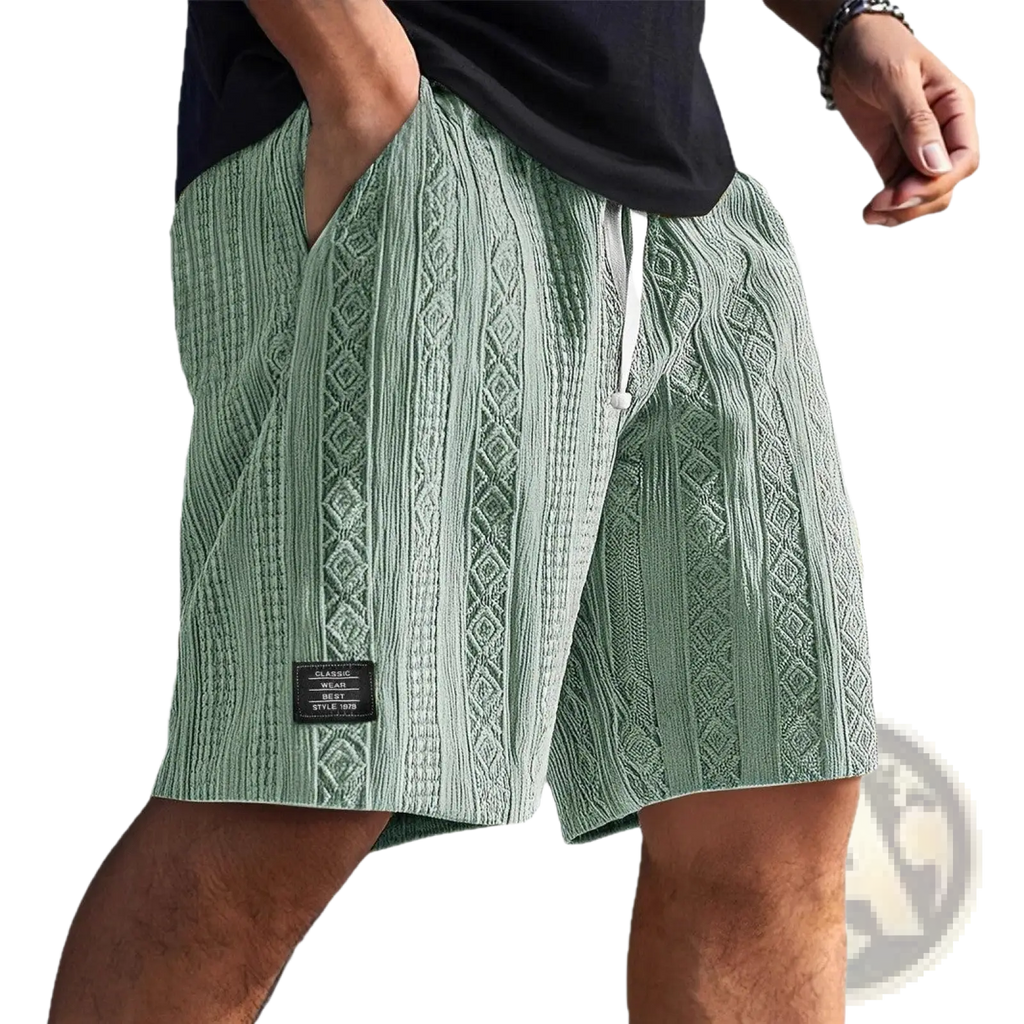 Men textured casual shorts in light green with a cable-knit pattern and drawstring waistband for comfortable wear