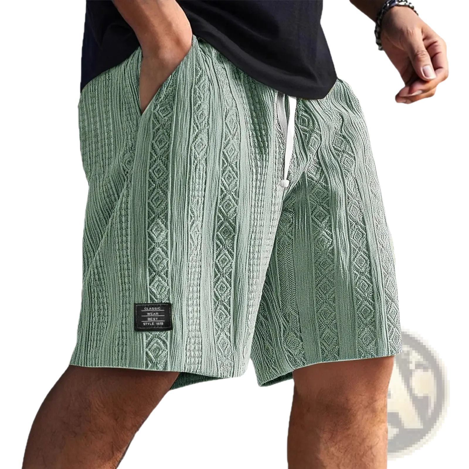 Men textured casual shorts in light green with a cable-knit pattern and drawstring waistband for comfortable wear