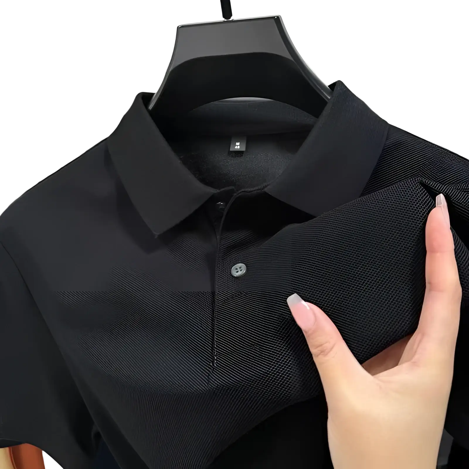 Men’s black short-sleeved textured knit cotton polo shirt with classic collar casual top