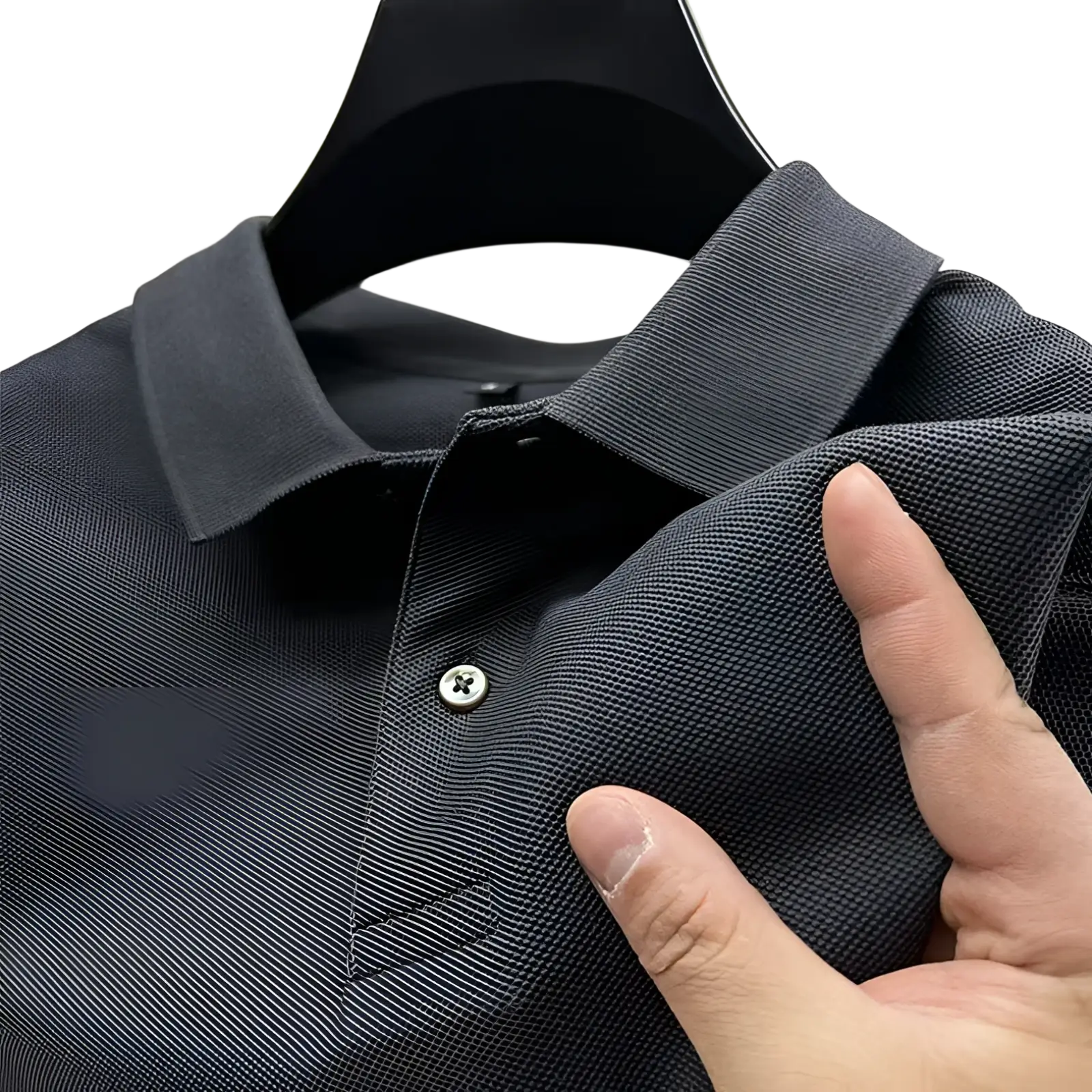 Dark gray textured knit cotton polo shirt with classic collar and silver button for men casual top