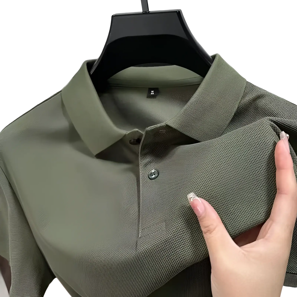 Men textured knit polo shirt in olive green cotton with black buttons for casual wear