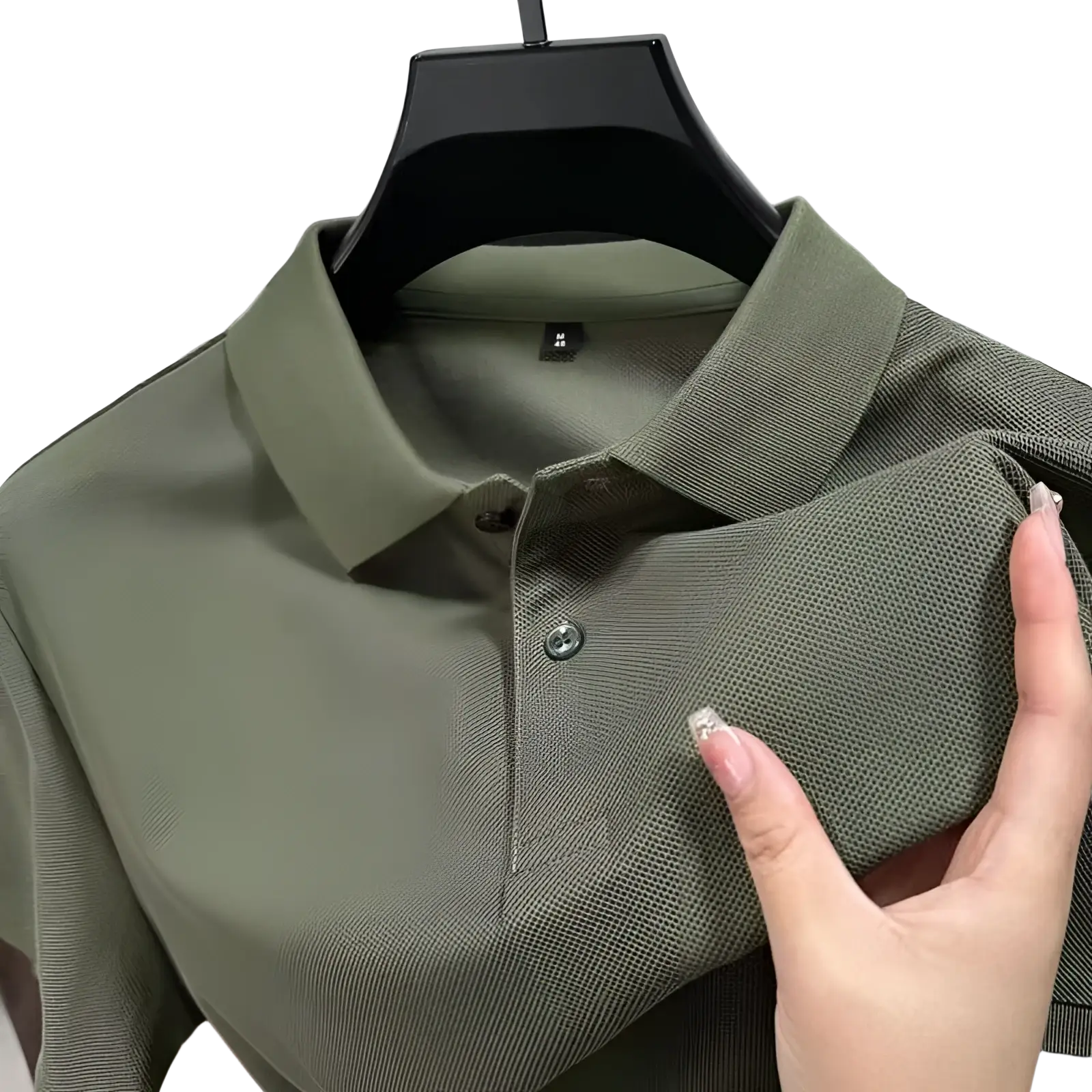 Men textured knit polo shirt in olive green cotton with black buttons for casual wear