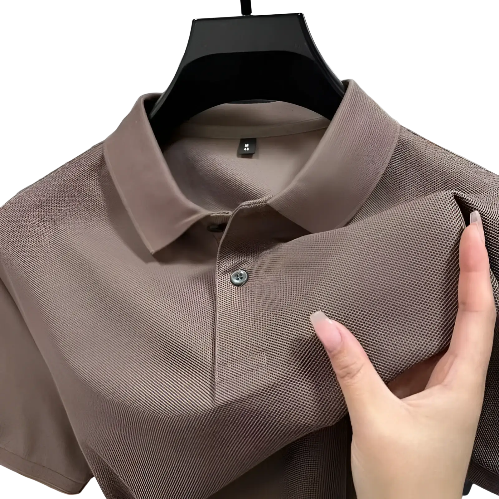 Men textured knit polo shirt in taupe cotton with classic collar and single button closure for casual wear