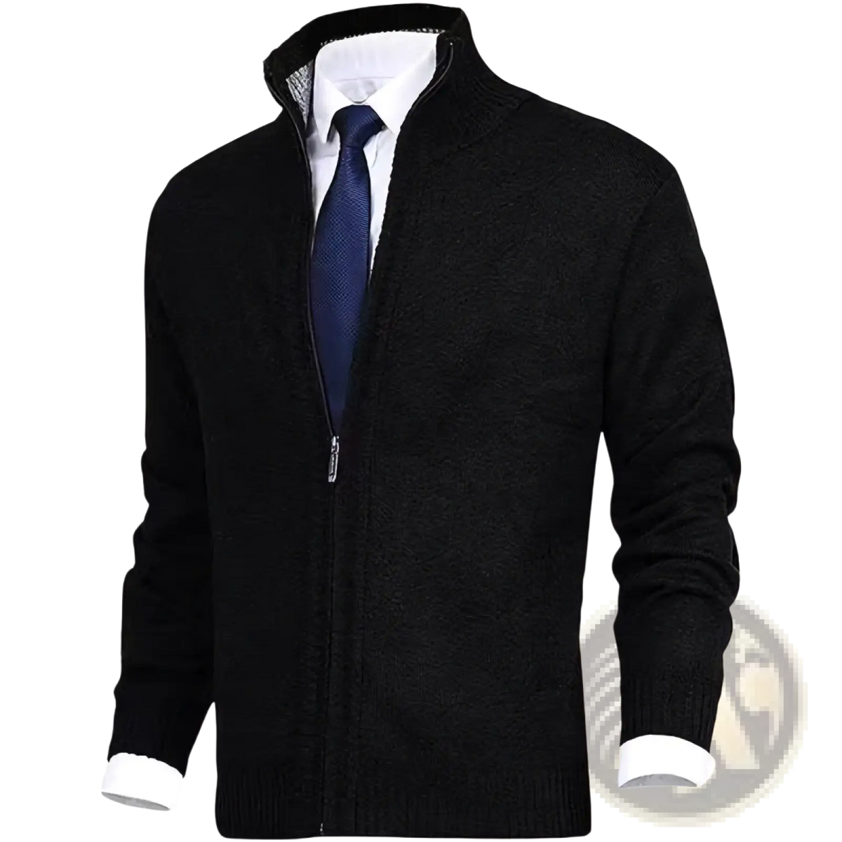Men textured knit zip cardigan in black with ribbed cuffs and collar featuring a textured knit fabric