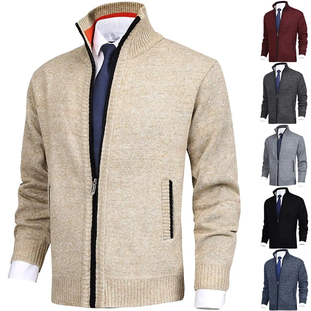 Men textured knit zip cardigan in beige with ribbed cuffs and hem featuring a contrasting black zipper track