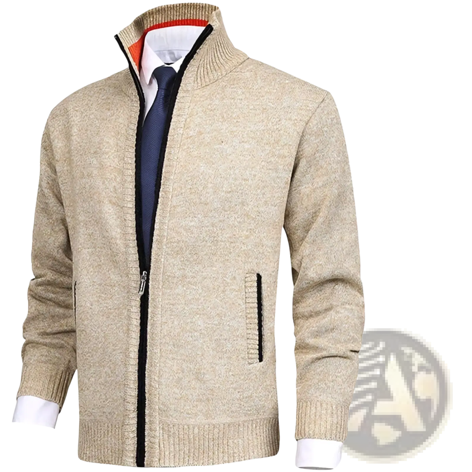 Beige textured knit men zip cardigan with ribbed cuffs and hem featuring a contrasting black zipper track