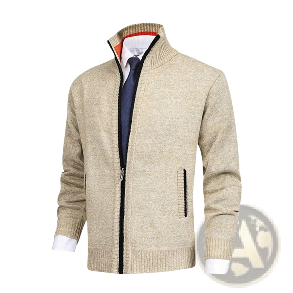 Men textured knit zip cardigan beige with black zipper and trim featuring ribbed collar and cuffs
