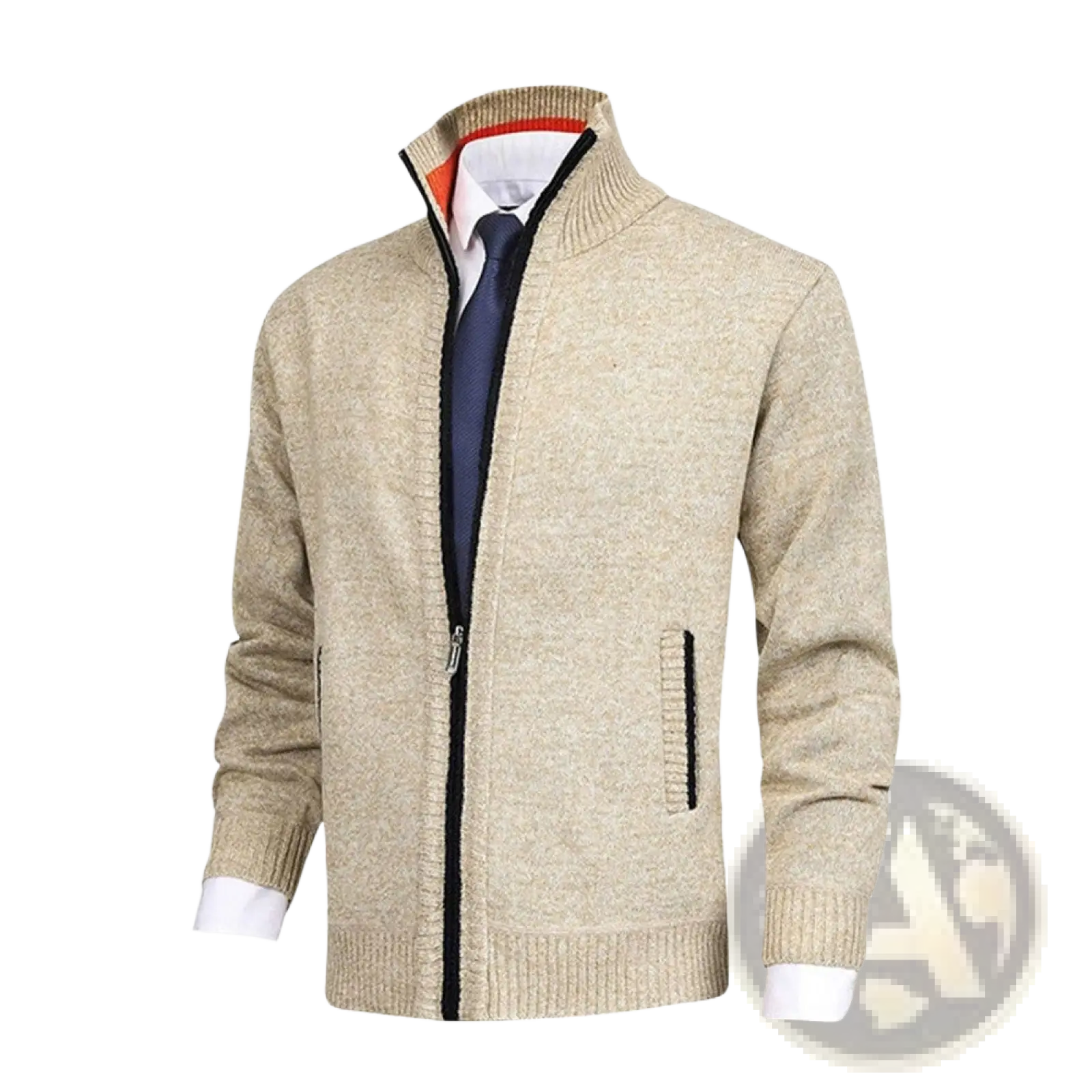 Men textured knit zip cardigan beige with black zipper and trim featuring ribbed collar and cuffs