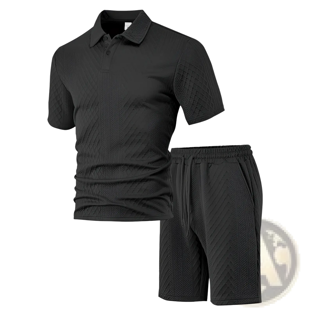 Men textured short sleeve polo suit featuring a black textured polo shirt and matching shorts set in breathable fabric