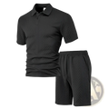 Men textured short sleeve polo suit featuring a black textured polo shirt and matching shorts set in breathable fabric