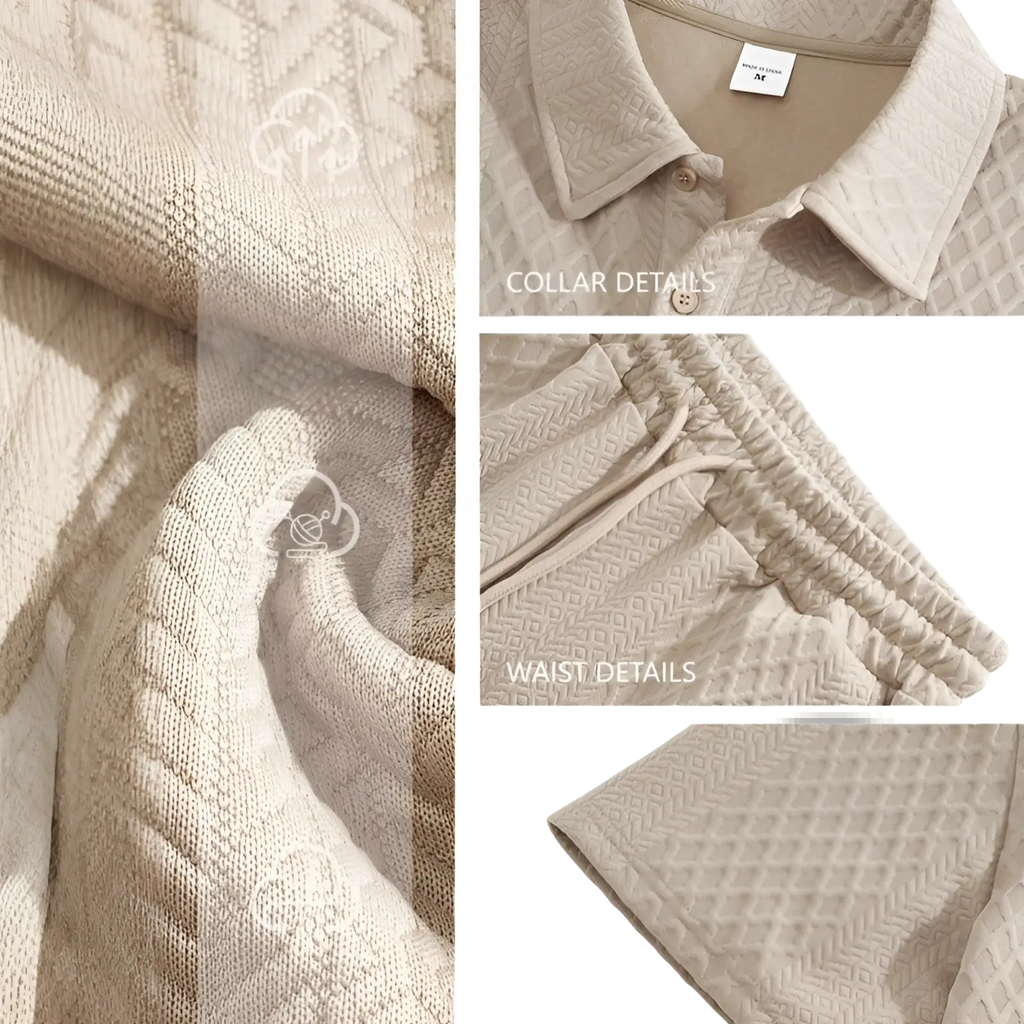 Beige quilted cotton polo shirt with subtle herringbone pattern and button collar from men textured short sleeve polo suit