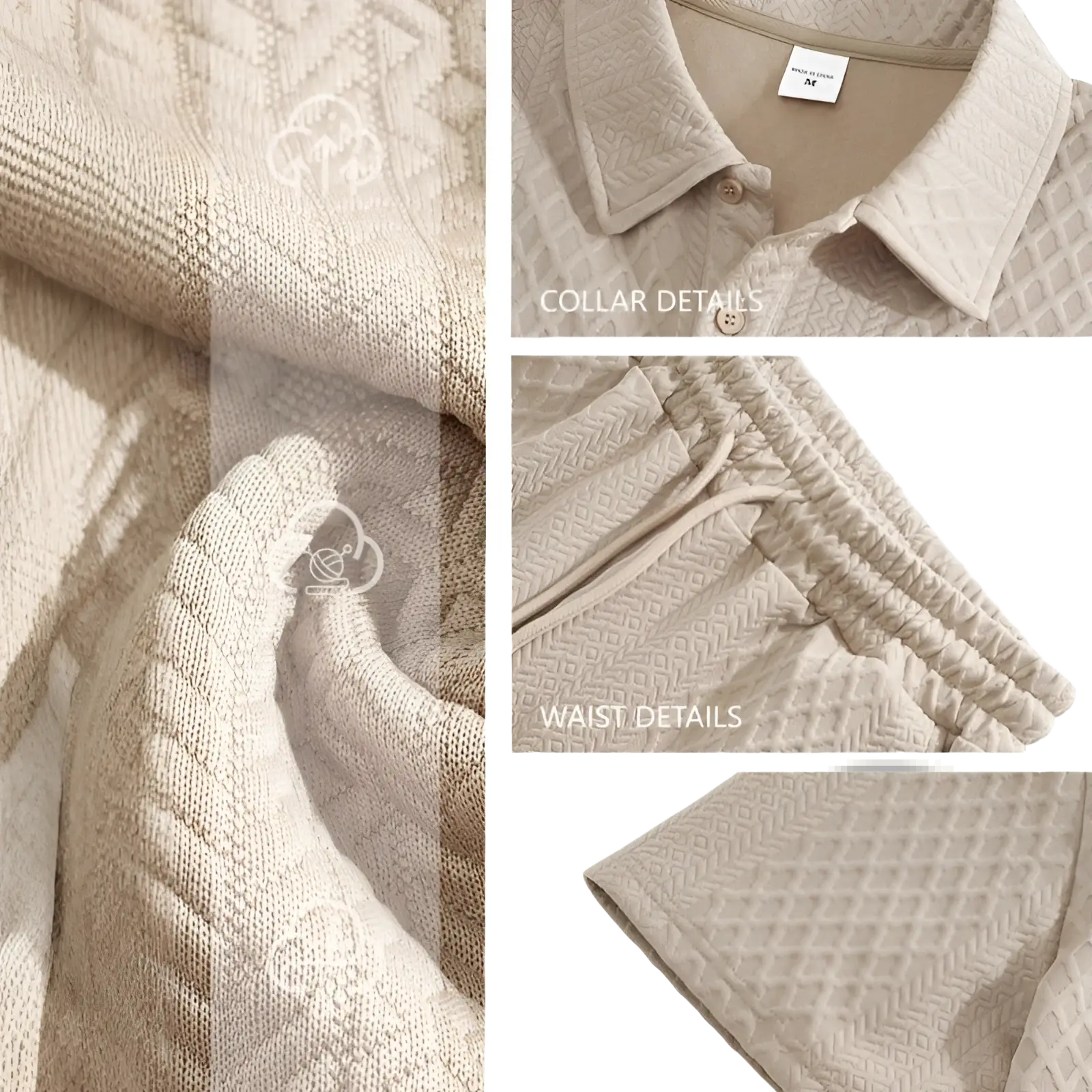 Beige quilted cotton polo shirt with subtle herringbone pattern and button collar from men textured short sleeve polo suit