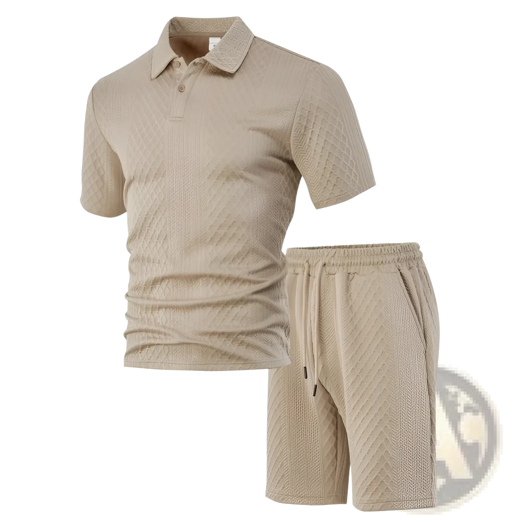 Men textured short sleeve polo suit in beige featuring a textured fabric polo shirt and matching shorts set