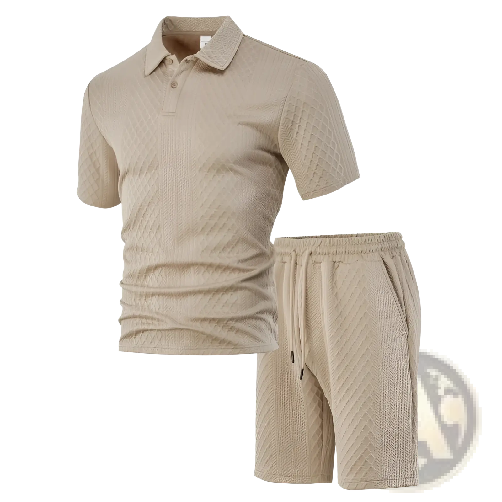 Men textured short sleeve polo suit in beige featuring a textured fabric polo shirt and matching shorts set