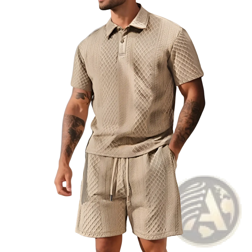 Beige textured short sleeve polo shirt with a subtle diamond pattern for men textured short sleeve polo suit