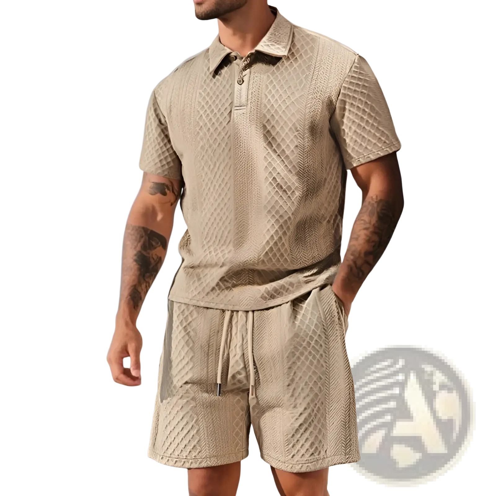 Beige textured short sleeve polo shirt with a subtle diamond pattern for men textured short sleeve polo suit