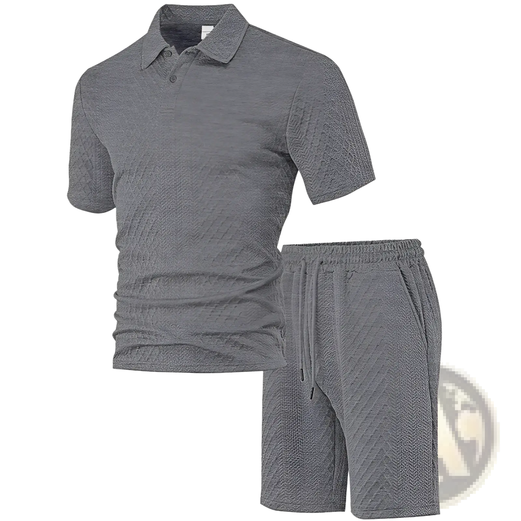 Men textured short sleeve polo suit in gray featuring a textured fabric with matching shorts for casual wear