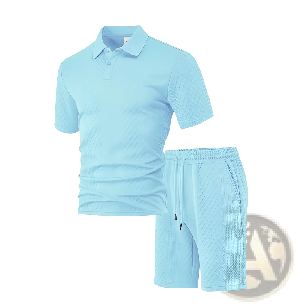 Men textured short sleeve polo suit in light blue featuring a textured fabric with matching shorts set